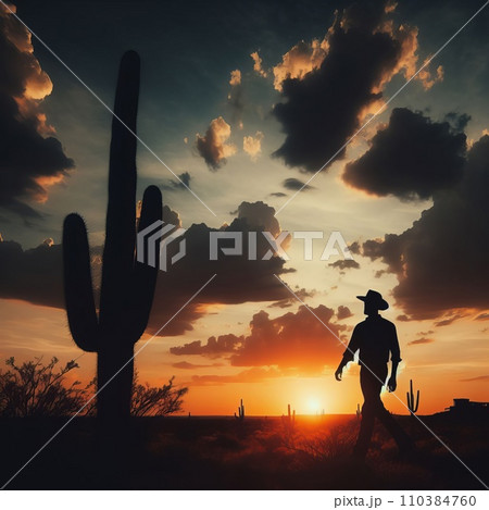 silhouette of a man in a hat walking through the desert with cacti in the evening 110384760