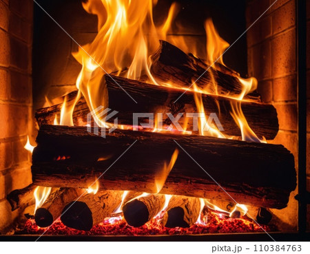 Bonfire with orange flame from burning wood, burning flame in fireplace Bonfire with orange flame from burning wood, burning flame in fireplace 110384763