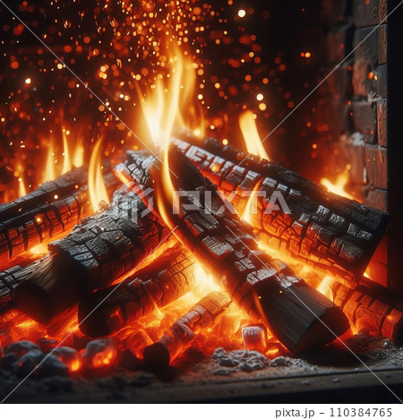 Bonfire with orange flame from burning wood, burning flame in fireplace Bonfire with orange flame from burning wood, burning flame in fireplace 110384765