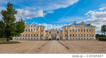 View of Latvian tourist landmark attraction -  old ancient Rundale palace and park, Pilsrundale, Latvia. 110385007