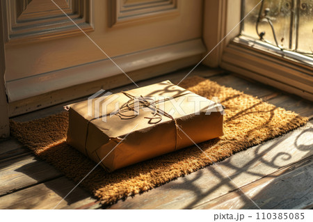 Delivered parcel on door mat near entrance. Generative AI 110385085