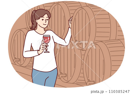 Woman with glass of wine stands near wooden barrel for tincture of alcoholic drink. Vector image 110385247