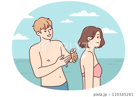 Man and woman in swimming clothing are relaxing on sunny beach near ocean. Vector image 110385261