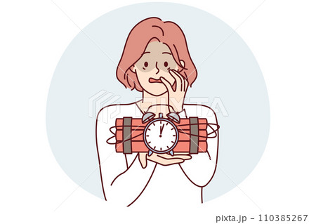 Frightened woman holds bomb with clockwork and does not know how to stop explosion. Vector image 110385267