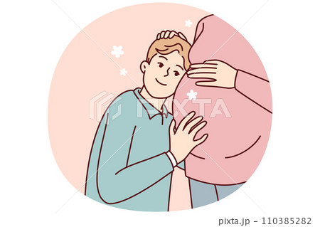 Boy teenager lean against belly of pregnant mother listens to heartbeat unborn child. Vector image 110385282