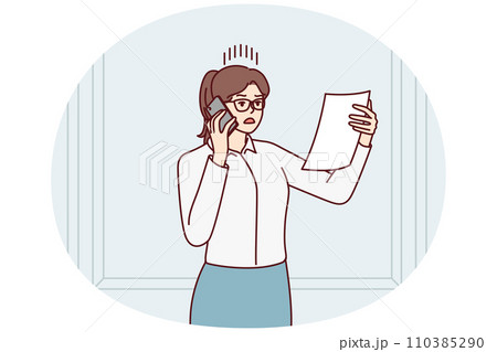 Discouraged woman in business attire with phone reading document and nervous about. Vector image 110385290