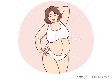 Plus size woman in lingerie standing in relaxed position, not embarrassed by own body. Vector image 110385297