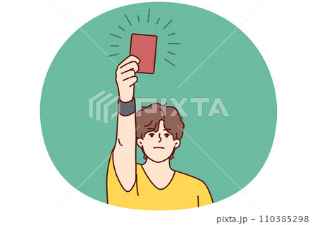 Man football referee raises hand with red card suspended football player from match. Vector image 110385298