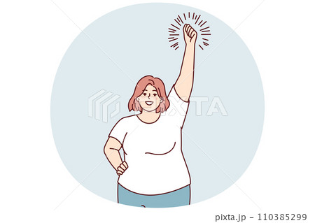 Smiling big size woman doing warm-up raising hands up leads active lifestyle. Vector image 110385299
