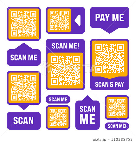 Scan me QR code sticker. Online payment. Special offer sale stickers, shopping discount label or promotional badge. Serial number, product ID. Supermarket retail label, price tag. Vector illustration 110385755
