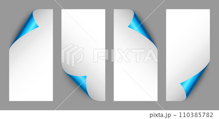 Set of blue paper curls. Curled page corner with shadow. Blank sheet of paper. Colorful shiny foil. Design element for advertising and promotion. Vector illustration. 110385782