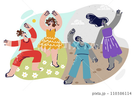 Dancing men and women experience different emotions from open-air disco on lawn. 110386114