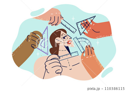 Face of woman who wants to have plastic surgery, near hands of doctors with rulers 110386115