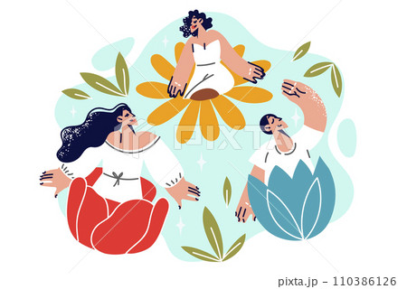 People feel happiness and harmony by sitting in buds of flowers, and demonstrating positive thinking People feel happiness and harmony by sitting in buds of flowers, and demonstrating positive thinking 110386126