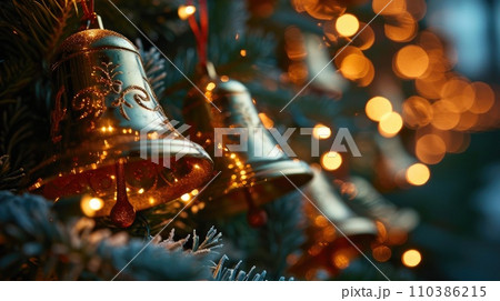 Golden bells decorate the Christmas tree with a garland, creating a magical holiday atmosphere 110386215