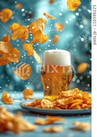 Potato chips float next to a glass of beer, standing out against the sky-blue background and creating a breathtaking view. Potato chips float next to a glass of beer, standing out against the sky-blue background and creating a breathtaking view. 110386225