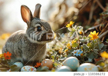 Rabbit in the Spring Forest: Easter Eggs and Bright Flowers 110386272