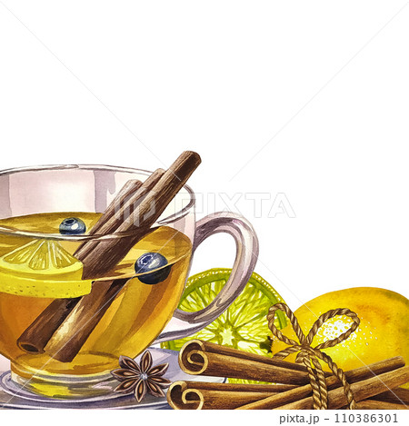 A frame with a transparent glass tea cup with lemon and cinnamon. A hand-drawn watercolor illustration. A hot, fragrant vitamin drink. For invitations, postcards, banners, packaging and menus. 110386301