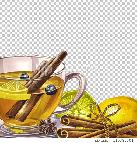 A frame with a transparent glass tea cup with lemon and cinnamon. A hand-drawn watercolor illustration. A hot, fragrant vitamin drink. For invitations, postcards, banners, packaging and menus. 110386301
