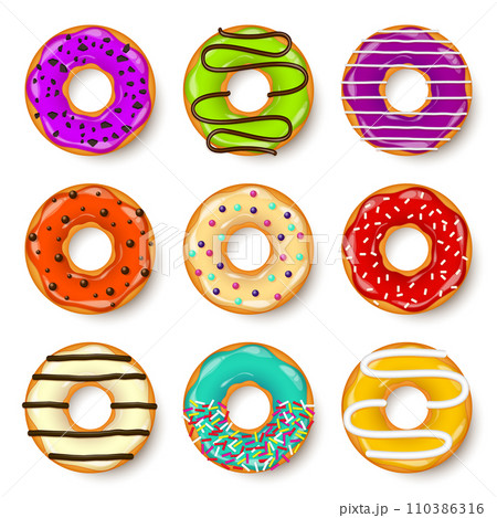 Donut, begel with cream. Cookies,cookie cake set. Sweet dessert with sugar and caramel. Tasty breakfast cooking. Cafateria food, snack. Coffee shop.Vector illustration. 110386316