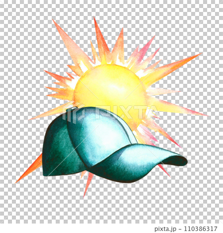 A blue cap under the sun. A hand-drawn watercolor illustration. The sun protection icon. For icons, posters, prints and flyers. For stickers, prints and cards. 110386317