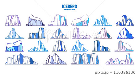 Floating icebergs collection. Drifting arctic glacier, block of frozen ocean water. Icy mountains with snow. Melting ice peak. Antarctic snowy landscape. South and North Pole. Vector illustration. 110386330