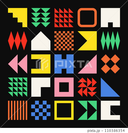 Brutalist geometric shapes, colorful symbols. Simple primitive elements and forms. Bauhaus retro design, trendy contemporary minimalist style. Vector illustration Brutalist geometric shapes, colorful symbols. Simple primitive elements and forms. Bauhaus retro design, trendy contemporary minimalist style. Vector illustration 110386354