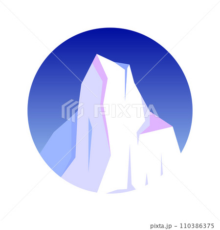 Round floating iceberg, drifting arctic glacier, block of frozen ocean water. Icy mountains with snow. Melting ice peak. Antarctic snowy landscape. South and North Pole. Vector illustration 110386375