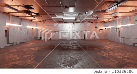A futuristic Empty Room with Numerous Boxes 3d render illustration 110386386