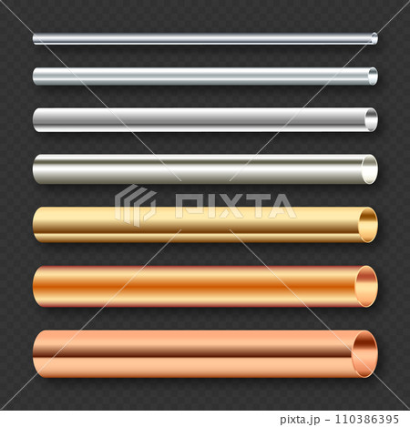 Steel and copper pipes collection. Construction material, pipeline. Industry and engineering. Polished metal texture with silver gradient. Vector illustration 110386395