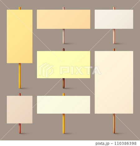 Blank colorful protest sign with wooden holder. Realistic vector demonstration banner. Strike action cardboard placard mockup Blank colorful protest sign with wooden holder. Realistic vector demonstration banner. Strike action cardboard placard mockup 110386398