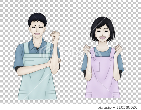 一個穿著圍裙的男人和一個女人做握拳動作 110386620