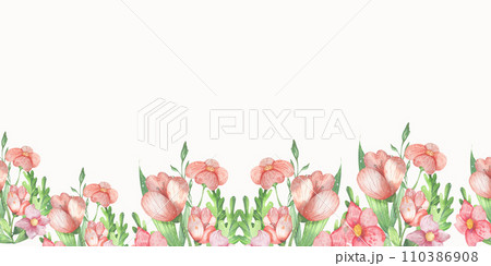 a flower garland. Horizontal watercolor composition of light summer wildflowers. isolated on a white background. for the design of banners, postcards, invitations a flower garland. Horizontal watercolor composition of light summer wildflowers. isolated on a white background. for the design of banners, postcards, invitations 110386908