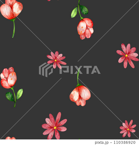 seamless pattern of watercolor flowers. light, bright, wildflowers. on a black background. for the design of textiles, stationery, postcards 110386920