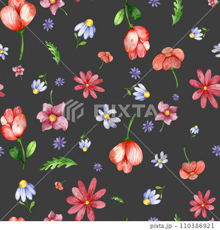seamless pattern of watercolor flowers. light, bright, wildflowers. on a black background. for the design of textiles, stationery, postcards 110386921