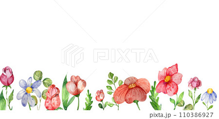 a flower garland. Horizontal watercolor composition of light summer wildflowers. isolated on a white background. for the design of banners, postcards, invitations 110386927