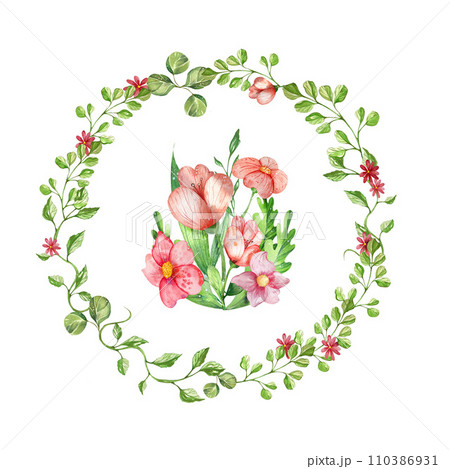The frame is a wreath of wild herbs and flowers with a bouquet of wildflowers in the center.. watercolor illustration. isolated on a white background. for the design of postcards, invitations 110386931