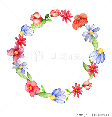 floral frame . Light , bright, watercolor, summer wildflowers . isolated composition on a white background. for postcards, invitations. 110386934