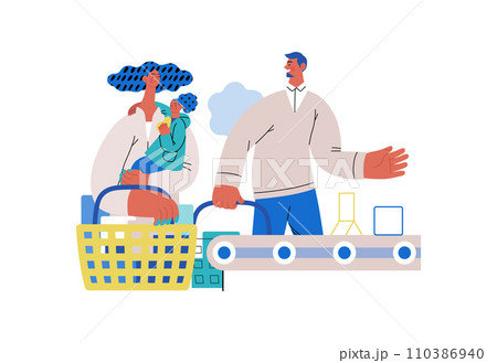 Mutual Support: Skip ahead in line -modern flat vector concept illustration of man letting woman with child go ahead in shop checkout line A metaphor of voluntary, collaborative exchanges of services 110386940