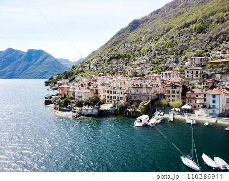 Aerial drone photo of iconic small port and fishing village boats 110386944
