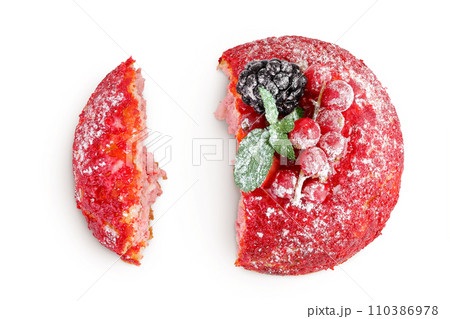 Cake shu eclairs with berries and red crumble isolated on white background. Top view. Flat lay Cake shu eclairs with berries and red crumble isolated on white background. Top view. Flat lay 110386978