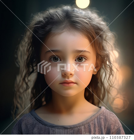 Portrait of a beautiful little girl with long hair in a gray dress. Portrait of a beautiful little girl with long hair in a gray dress. 110387327
