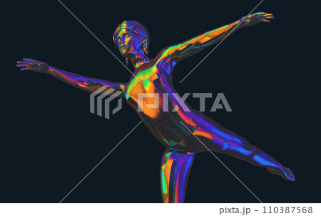 Color illustration of a person doing sports, meditative yoga exercises or gymnastics in low poly style - 3d illustration 110387568