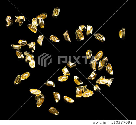 Chinese ornament gold ingot bar. Decoration element of chinese gold ingots or Yuanbao money for Festival. Other language mean rich wealthy prosperity. Black background isolated 110387698