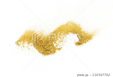 Gold metallic glitter sparkle explosion in air. Golden Glitter sand spark blink celebrate Chinese new year, fly throw gold glitters particle. White background isolated, selective focus Blur bokeh 110387702