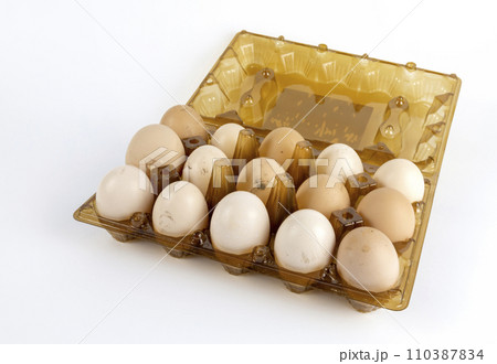 Weekday chicken eggs. Eggs with chicken manure. 110387834