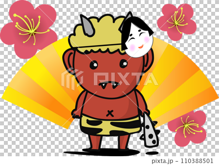 Illustration of a cute Setsubun demon with plum blossoms and a fan Illustration of a cute Setsubun demon with plum blossoms and a fan 110388501