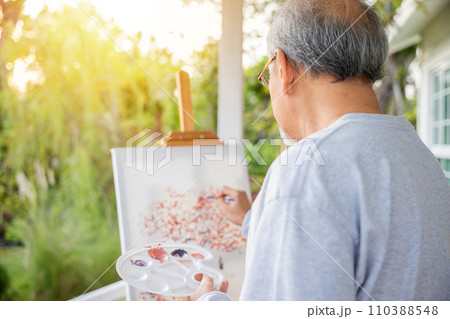 Artist. Asian senior old man painting picture using brush and oil color on canvas, lifestyle elderly people smile paint at his easel, Happy retirement and activity concept Artist. Asian senior old man painting picture using brush and oil color on canvas, lifestyle elderly people smile paint at his easel, Happy retirement and activity concept 110388548