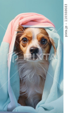 AI-generated content. Cute dog covered with a towel 110388683