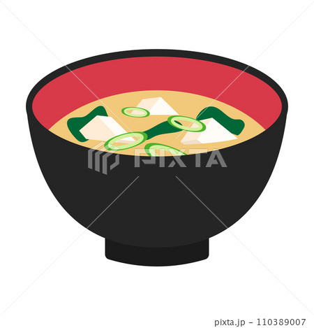 豆腐とわかめとネギの味噌汁のイラスト 110389007